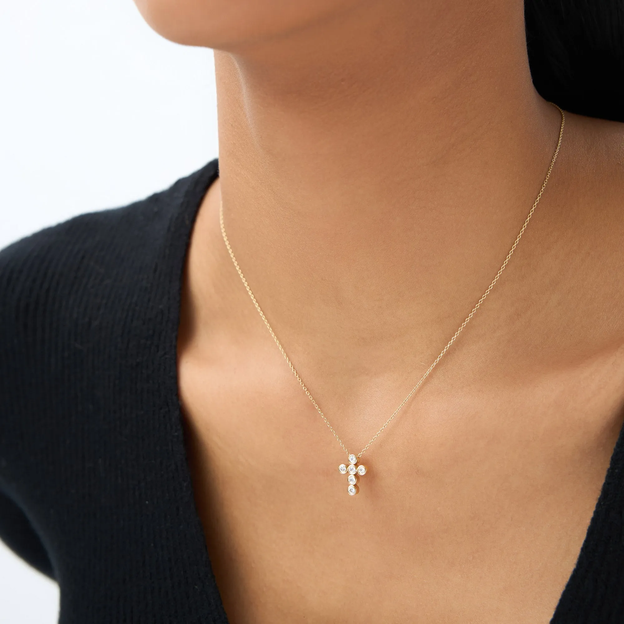 14K Gold 6 Stone Bezel Setting Diamond Cross Necklace