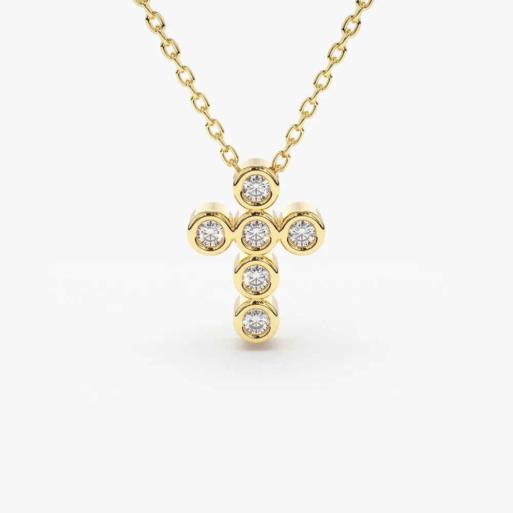 14K Gold 6 Stone Bezel Setting Diamond Cross Necklace