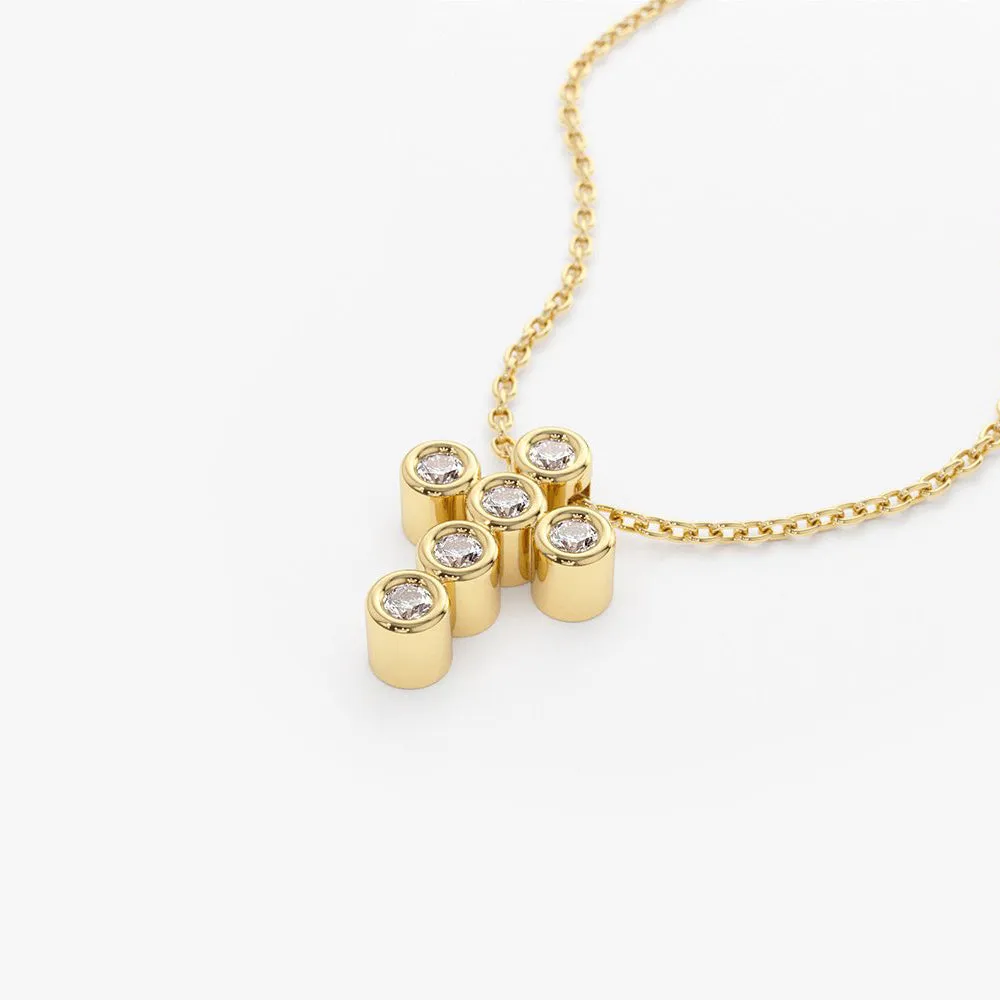 14K Gold 6 Stone Bezel Setting Diamond Cross Necklace