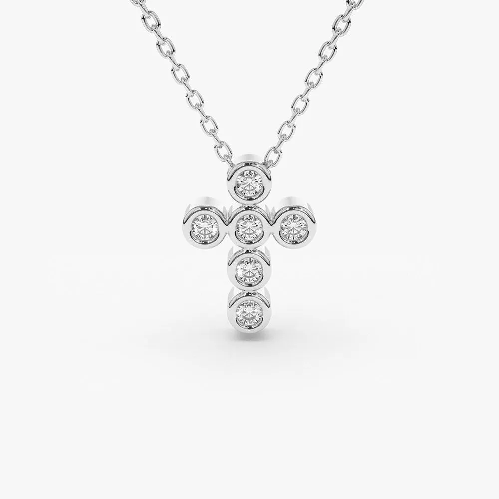 14K Gold 6 Stone Bezel Setting Diamond Cross Necklace