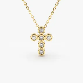 14K Gold 6 Stone Bezel Setting Diamond Cross Necklace