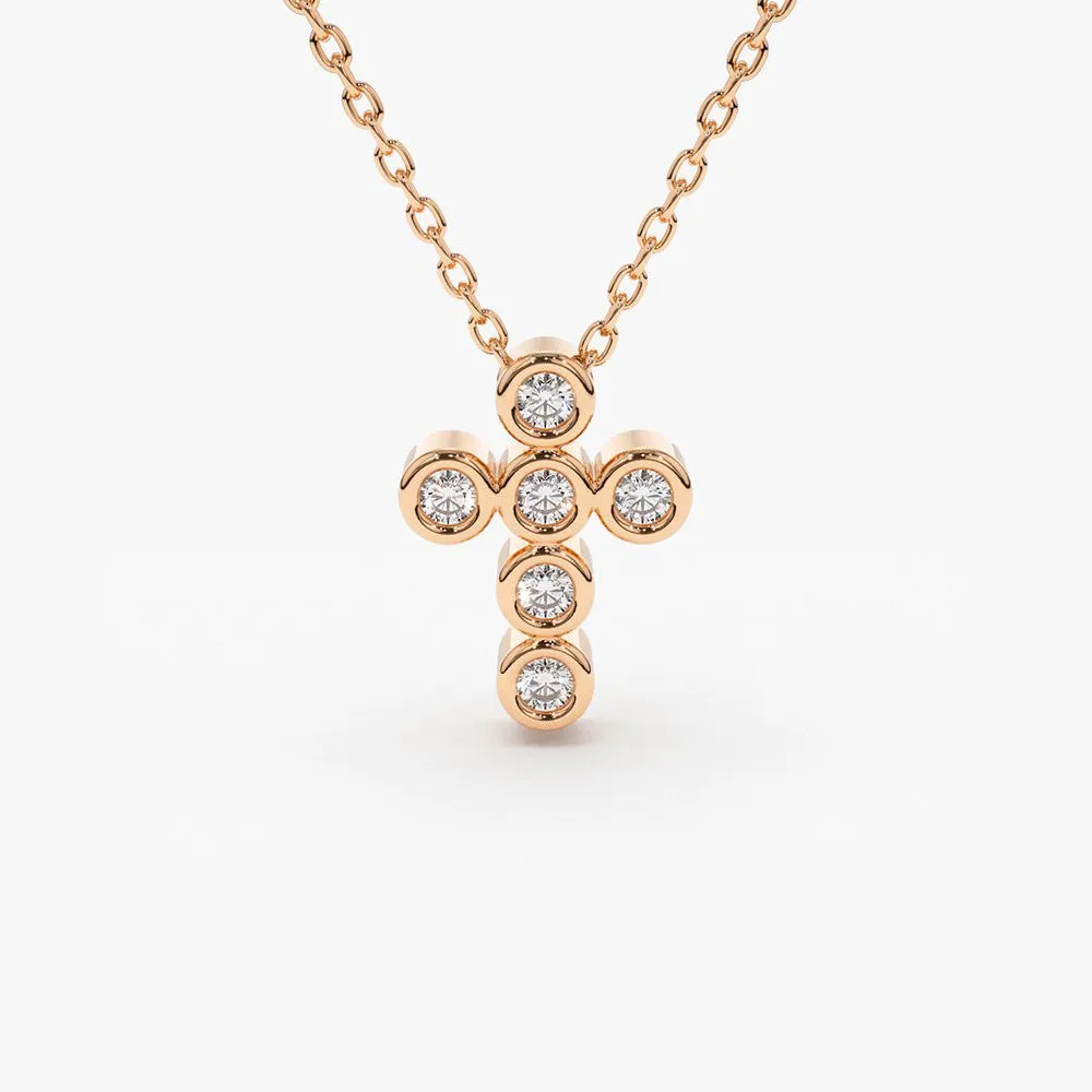 14K Gold 6 Stone Bezel Setting Diamond Cross Necklace