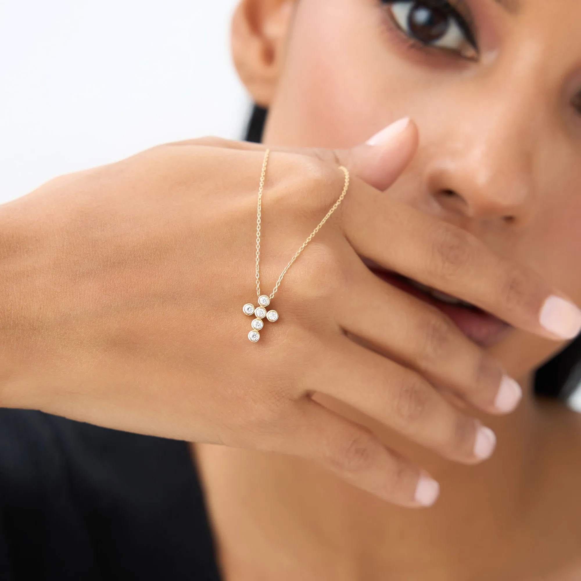 14K Gold 6 Stone Bezel Setting Diamond Cross Necklace