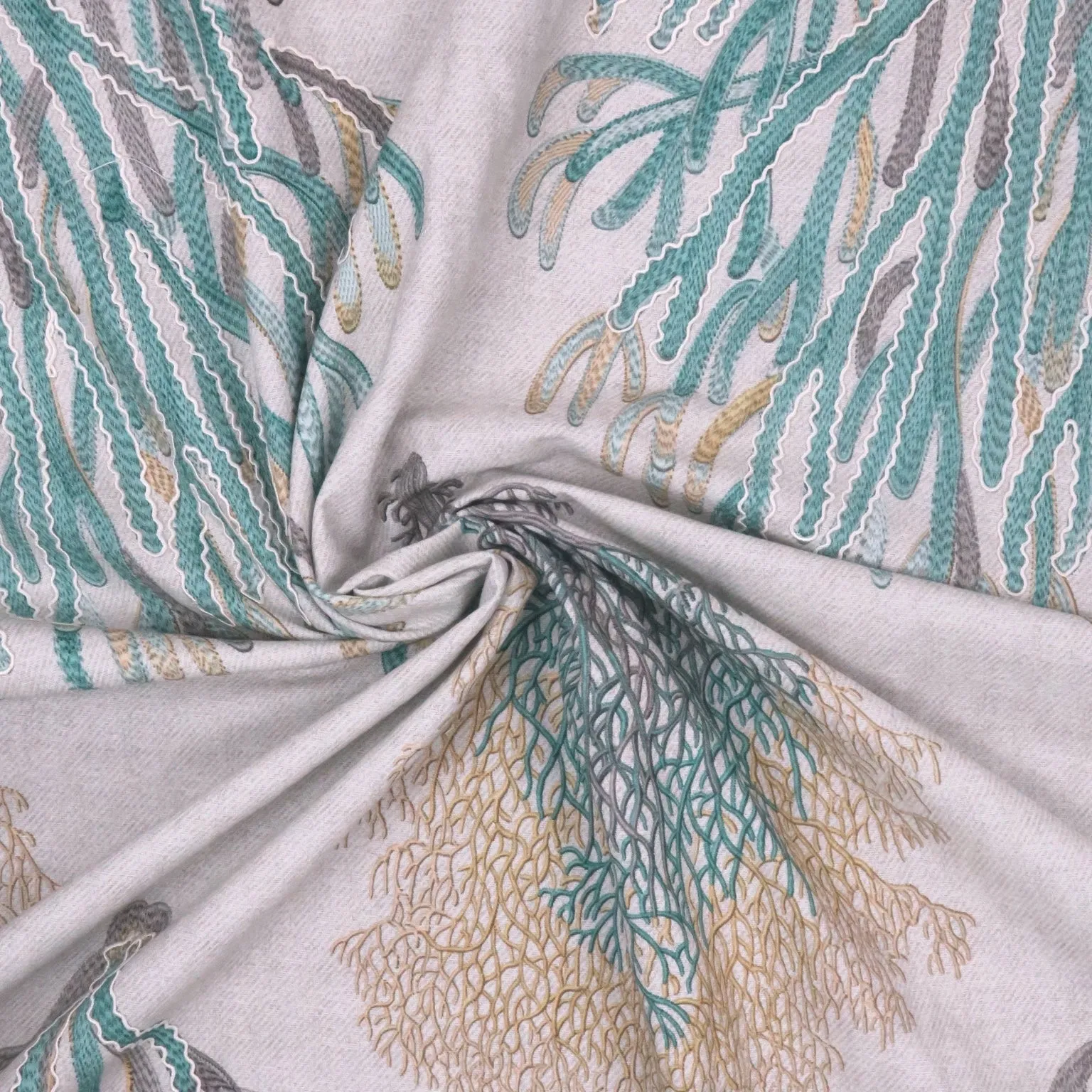Aqua Nutmeg Bermuda Coral Reef on Off White Background Linen Fabric
