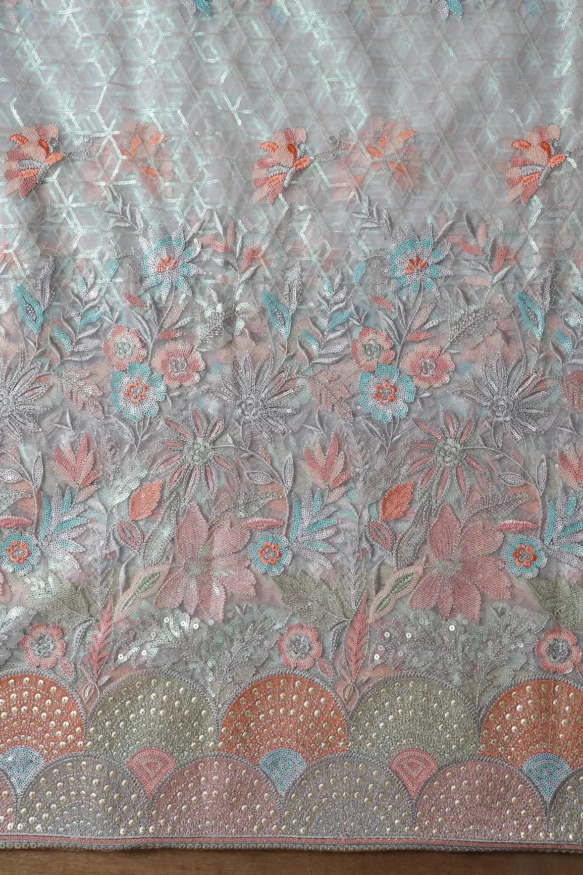 Big Width "56" Multi Color Sequins With Thread Work Floral Embroidery On Grey Soft Net Fabric With Border