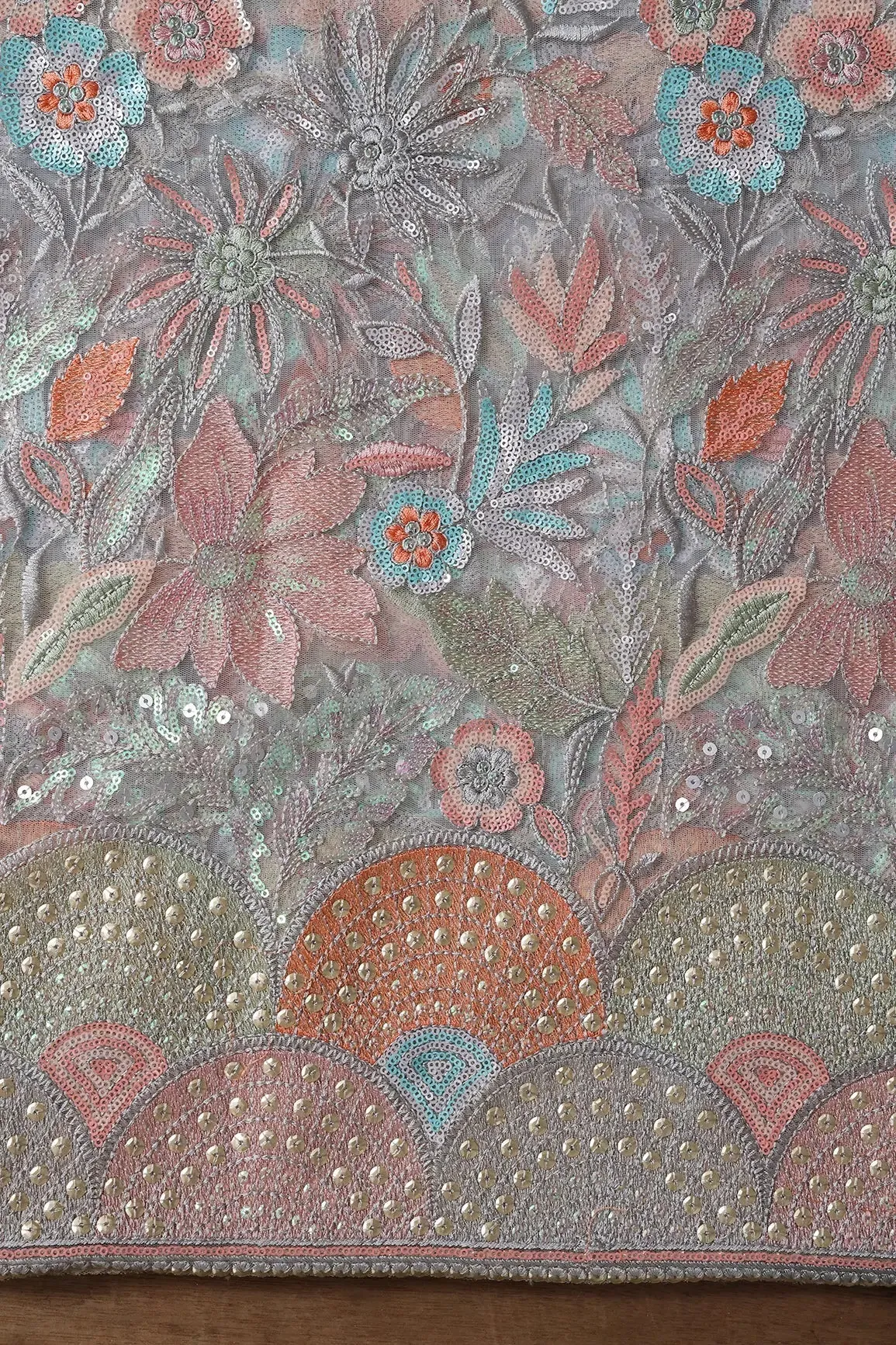 Big Width "56" Multi Color Sequins With Thread Work Floral Embroidery On Grey Soft Net Fabric With Border