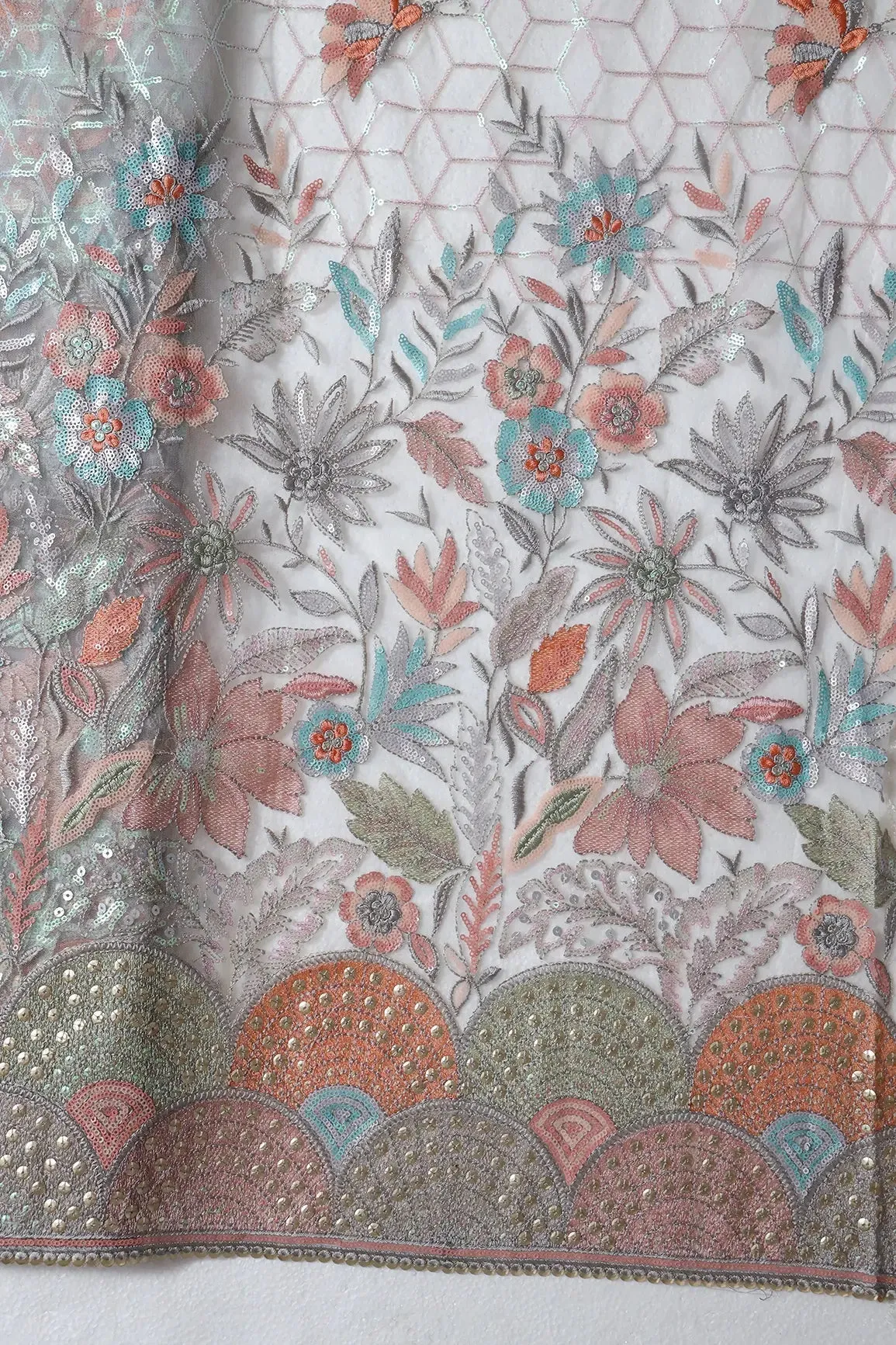 Big Width "56" Multi Color Sequins With Thread Work Floral Embroidery On Grey Soft Net Fabric With Border