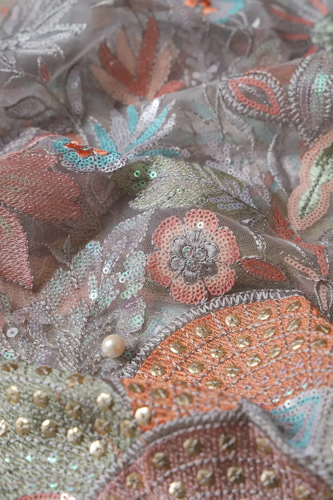 Big Width "56" Multi Color Sequins With Thread Work Floral Embroidery On Grey Soft Net Fabric With Border