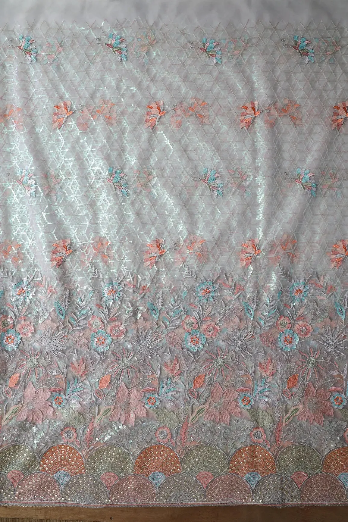 Big Width "56" Multi Color Sequins With Thread Work Floral Embroidery On Grey Soft Net Fabric With Border
