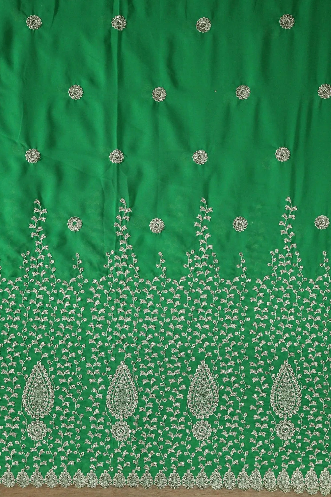 Big Width''56'' Silver Zari Leafy Embroidery Work On Green Georgette Fabric With Border