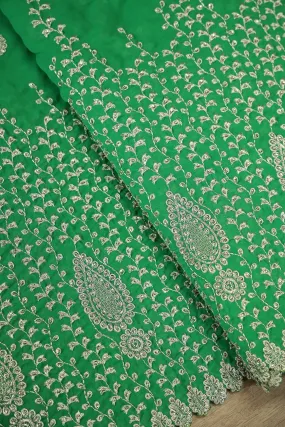 Big Width''56'' Silver Zari Leafy Embroidery Work On Green Georgette Fabric With Border