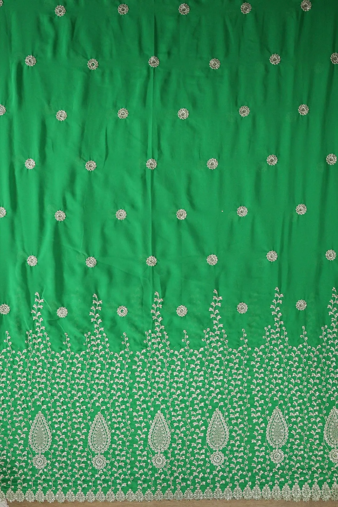 Big Width''56'' Silver Zari Leafy Embroidery Work On Green Georgette Fabric With Border