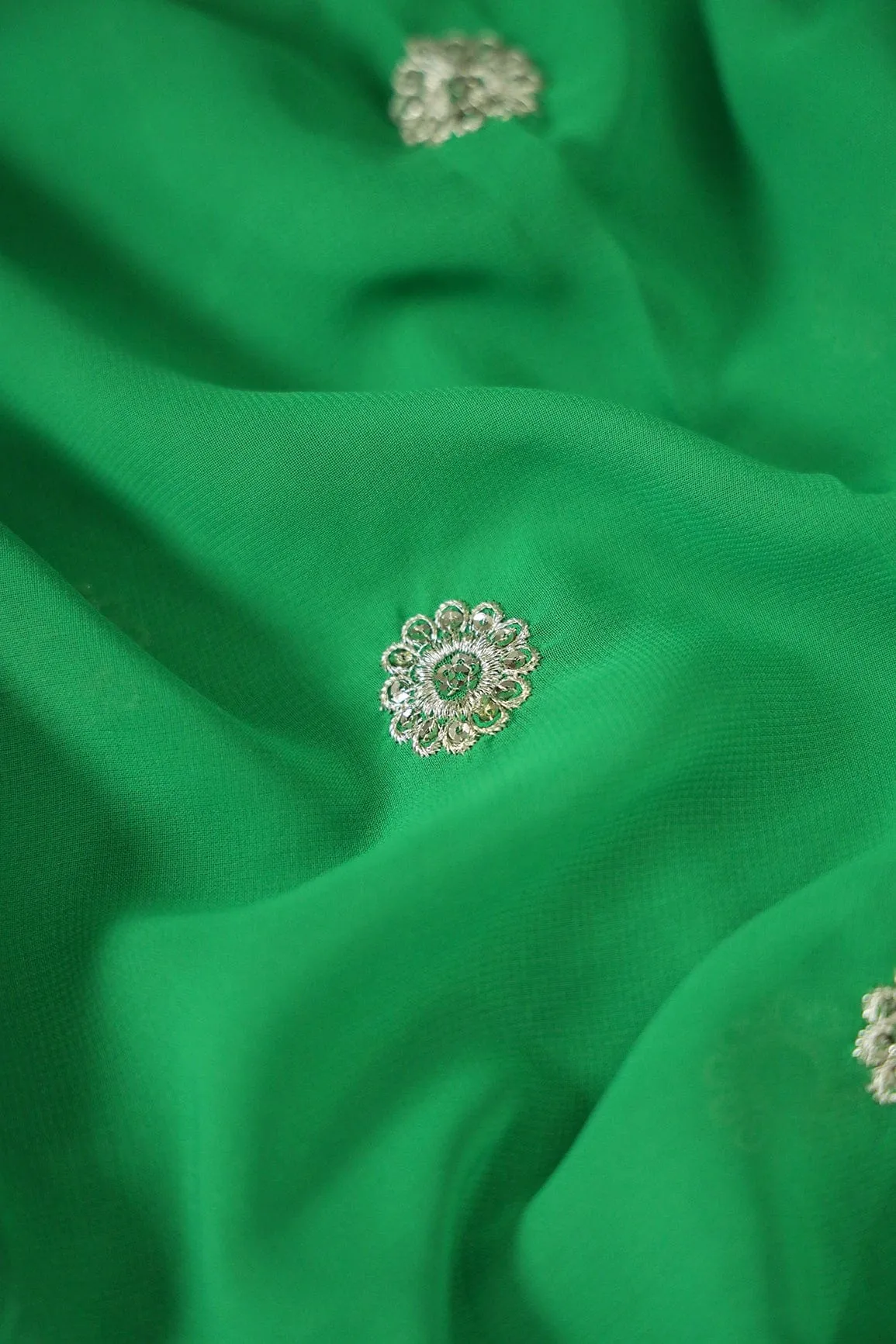 Big Width''56'' Silver Zari Leafy Embroidery Work On Green Georgette Fabric With Border