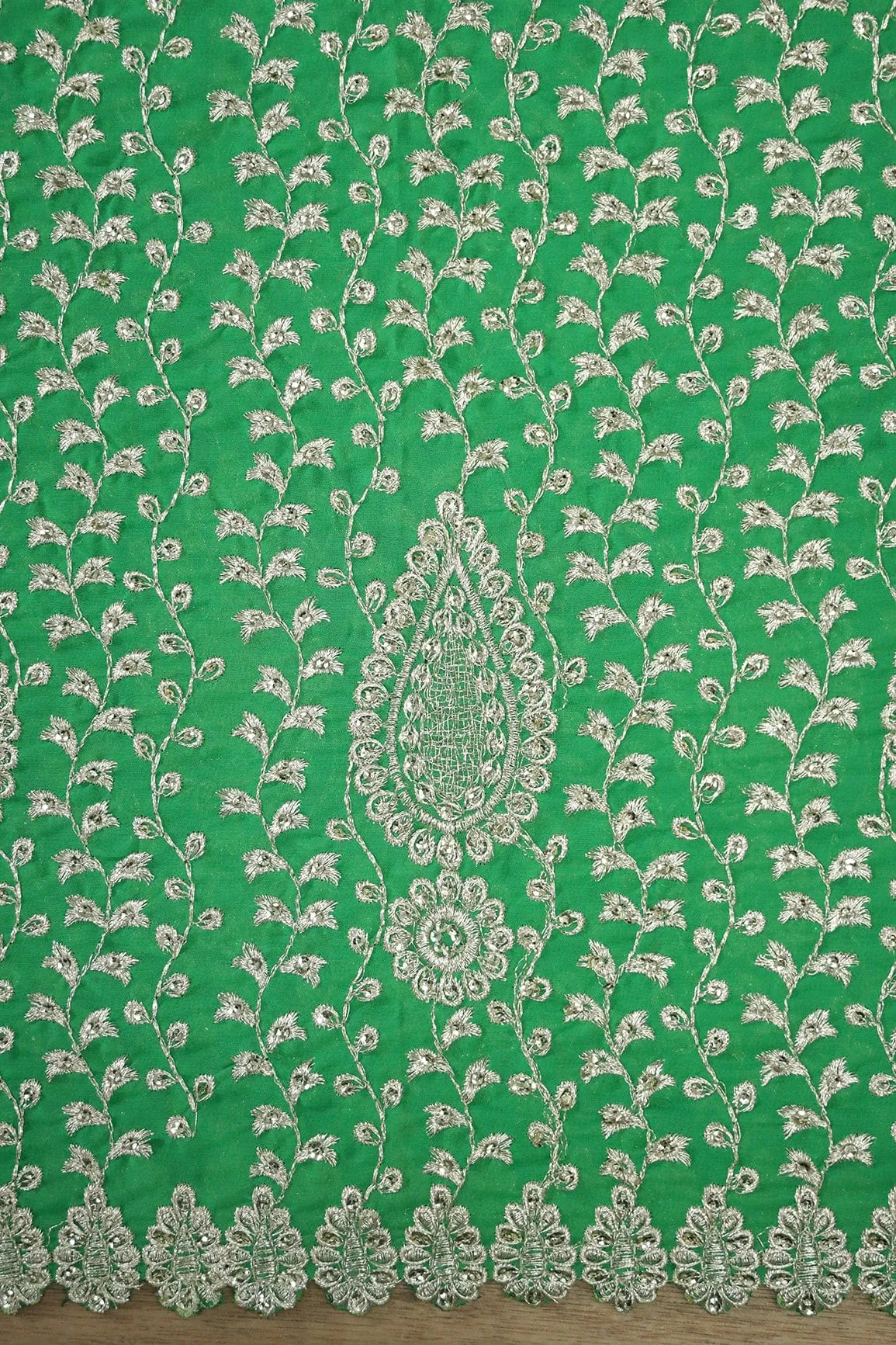 Big Width''56'' Silver Zari Leafy Embroidery Work On Green Georgette Fabric With Border