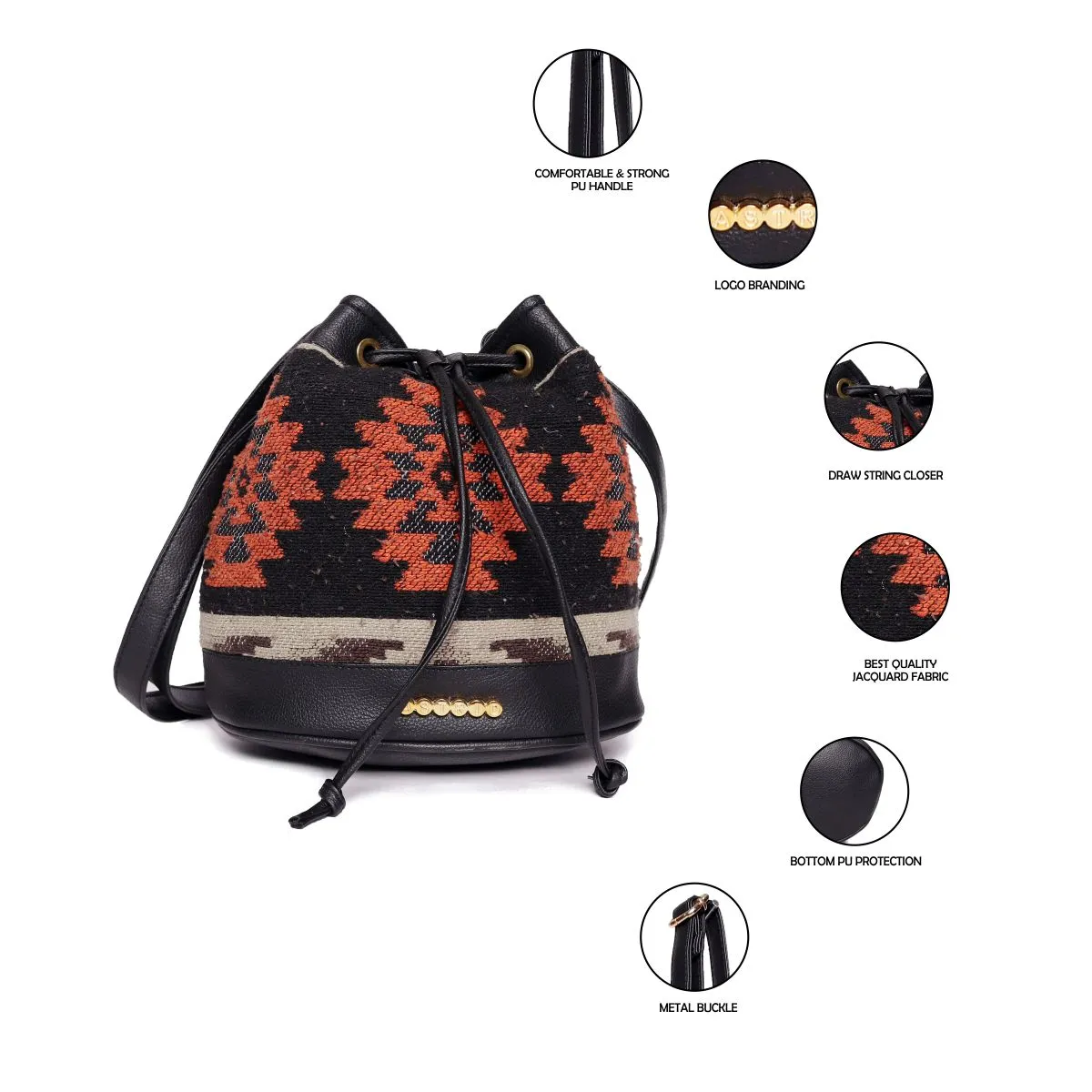 Black/Orange Aztec Cotton Sling Bag With Drawstring Closure