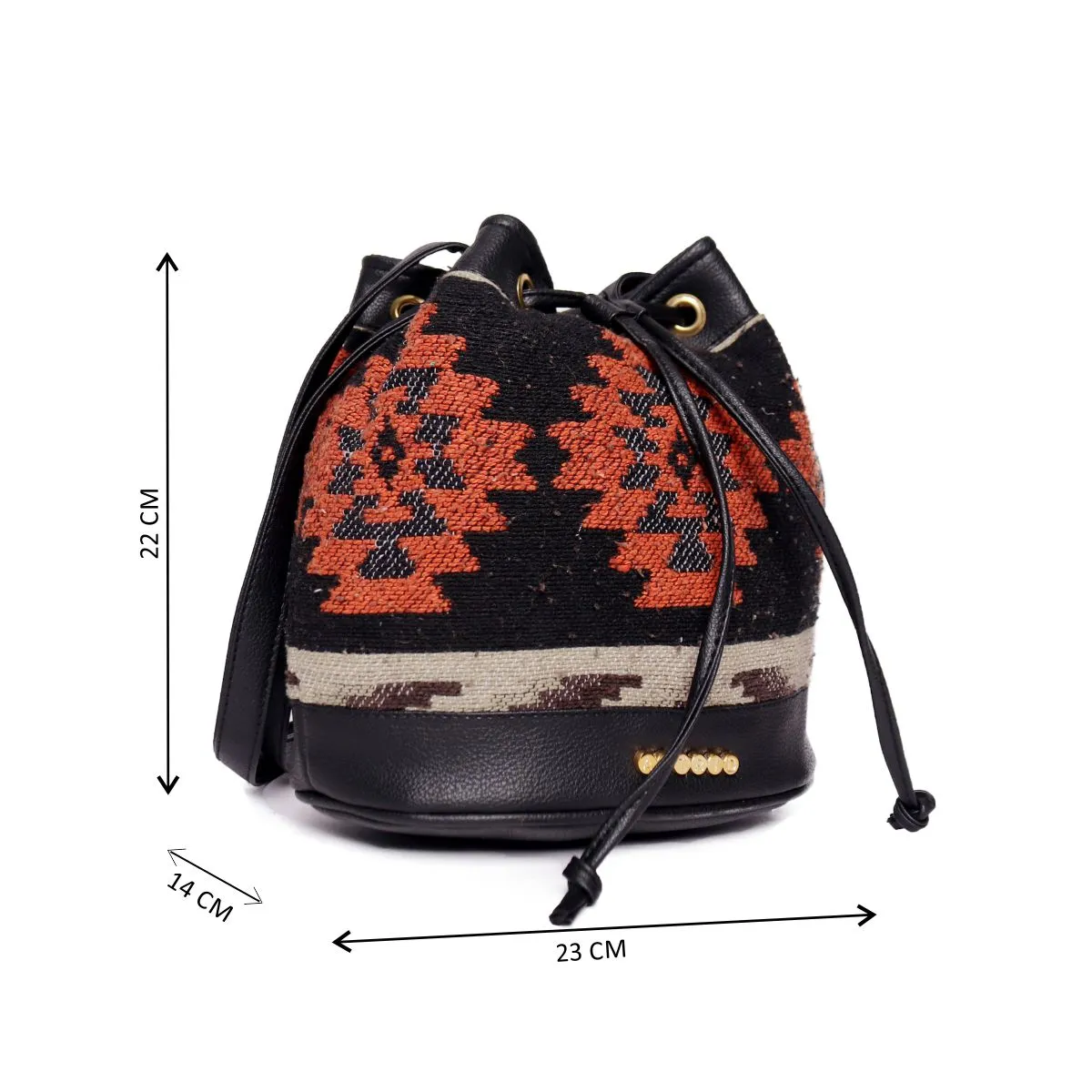 Black/Orange Aztec Cotton Sling Bag With Drawstring Closure