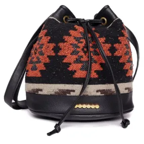 Black/Orange Aztec Cotton Sling Bag With Drawstring Closure