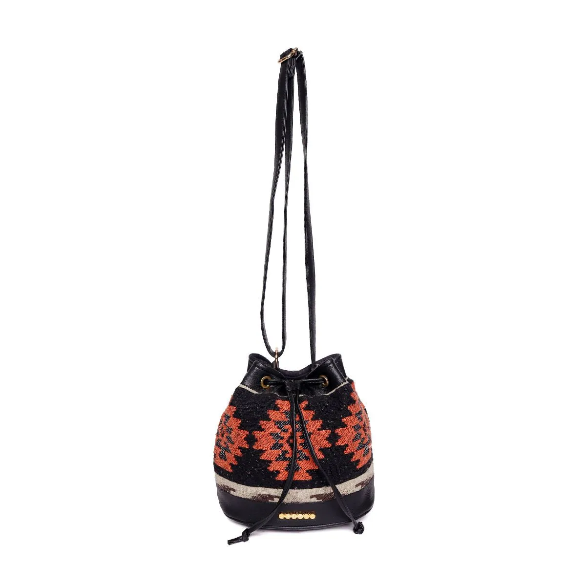 Black/Orange Aztec Cotton Sling Bag With Drawstring Closure