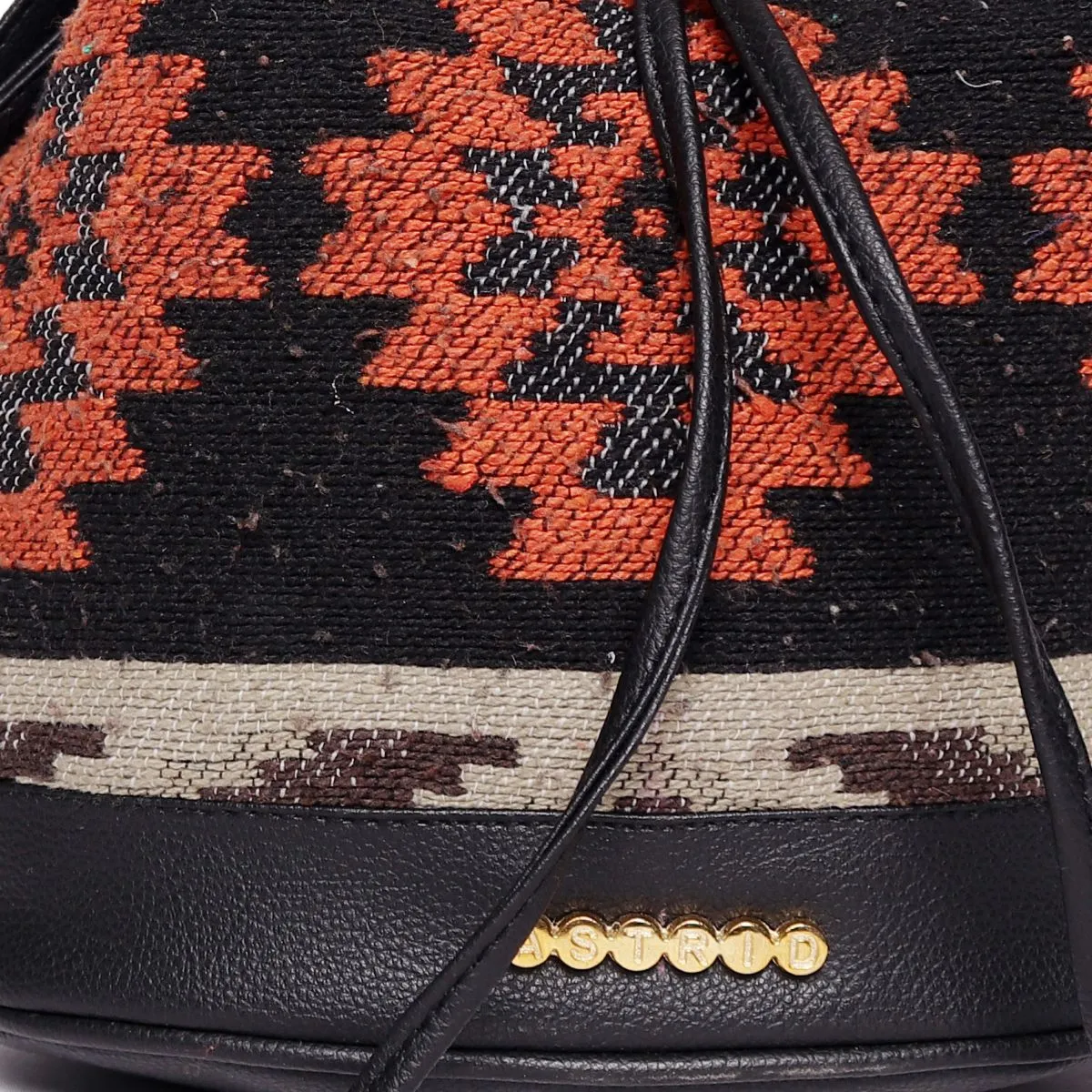 Black/Orange Aztec Cotton Sling Bag With Drawstring Closure