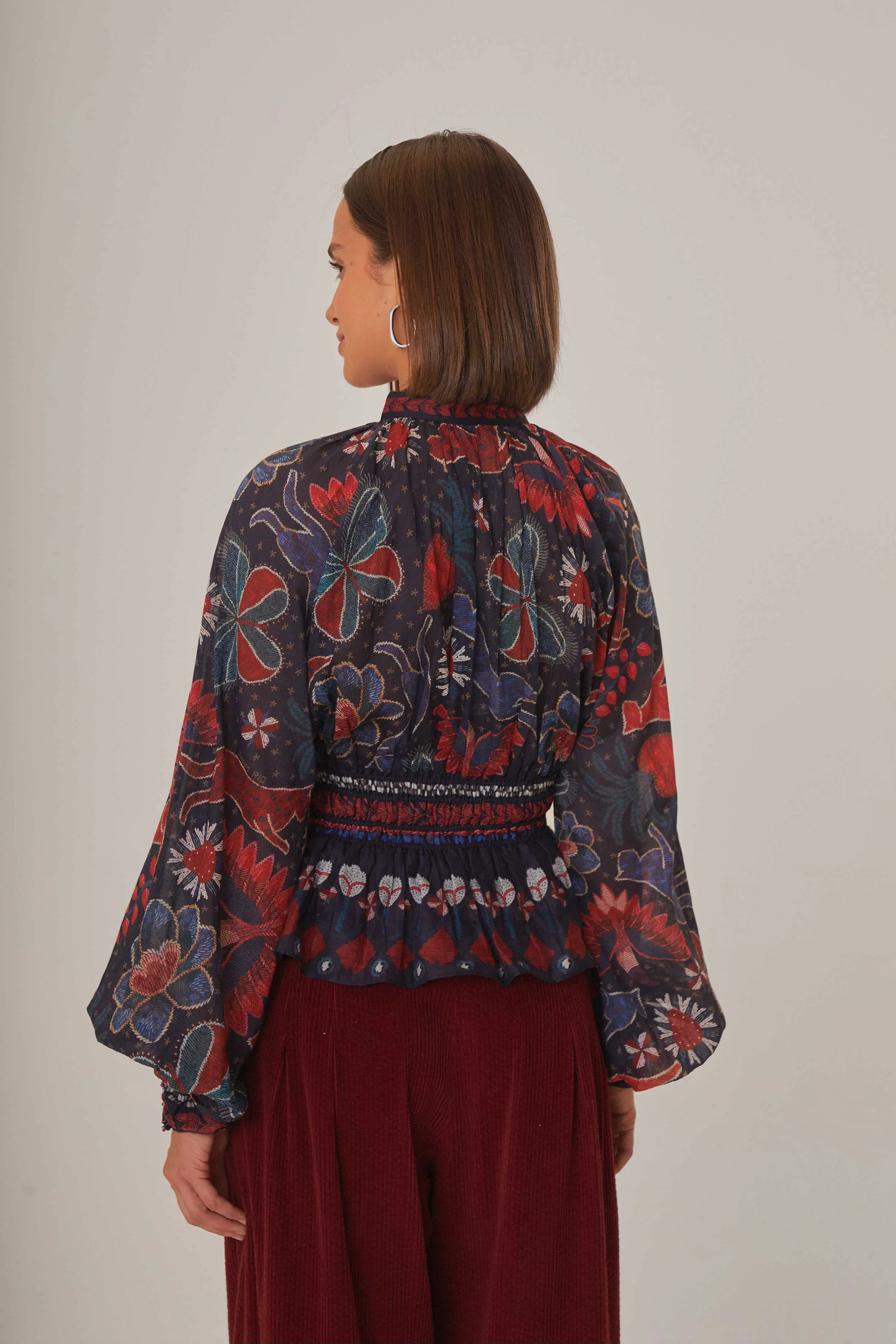Dark Blue Tropical Shine V Neck Blouse