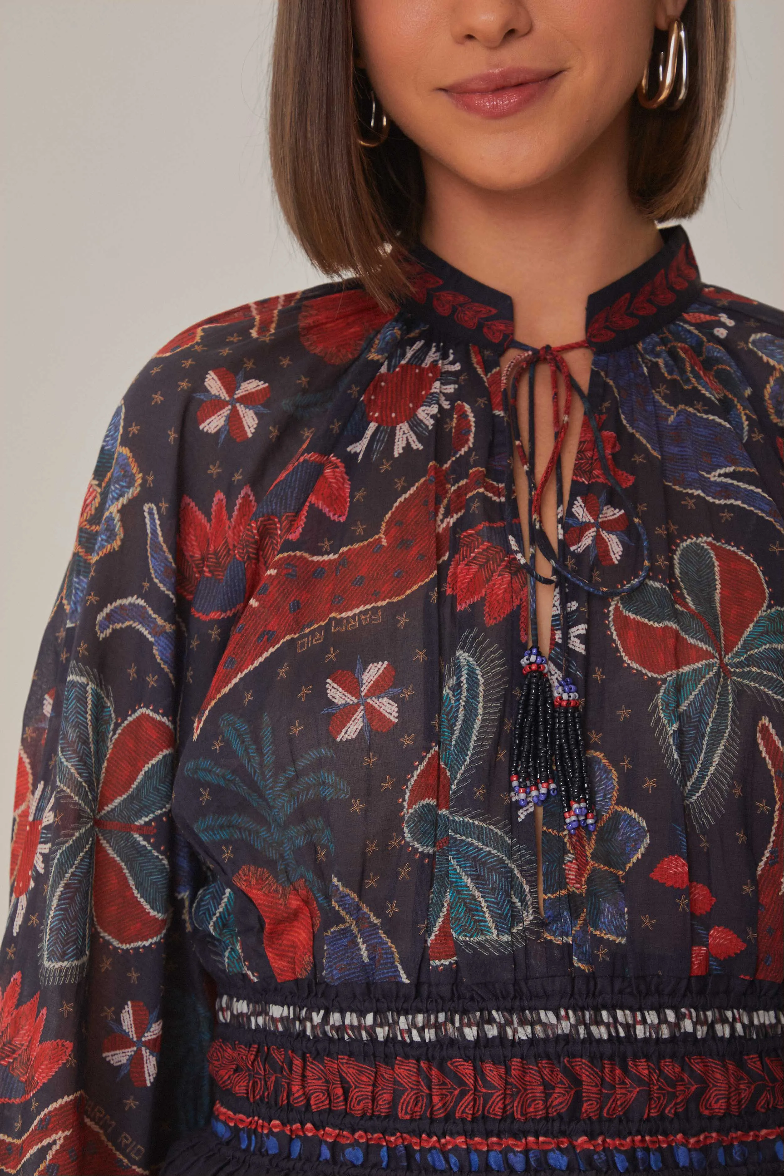 Dark Blue Tropical Shine V Neck Blouse