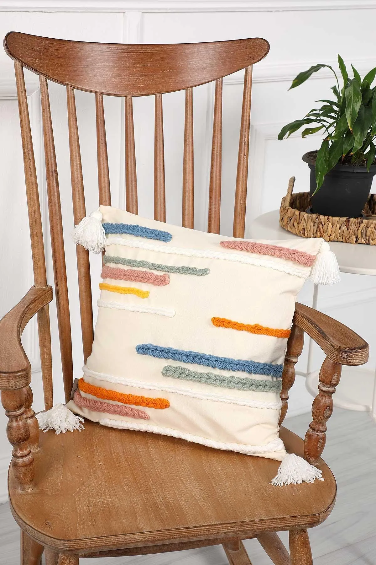 Horizon Tasseled Cotton Pillow Cover, Chic 18x18 Inches Handmade Decorative Pillow Cover, Boho Pillow Cover Design for Modern Homes,K-202