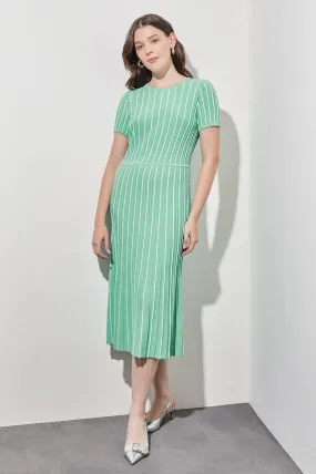 Jewel Neck Striped Flare Soft Knit Dress, Seaspray/White