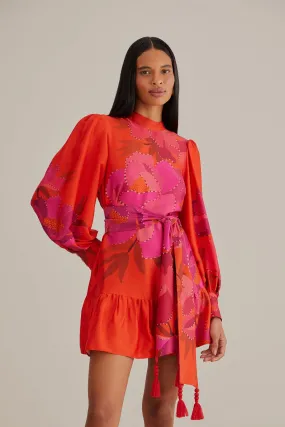 Red Peony Long Sleeve Mini Dress