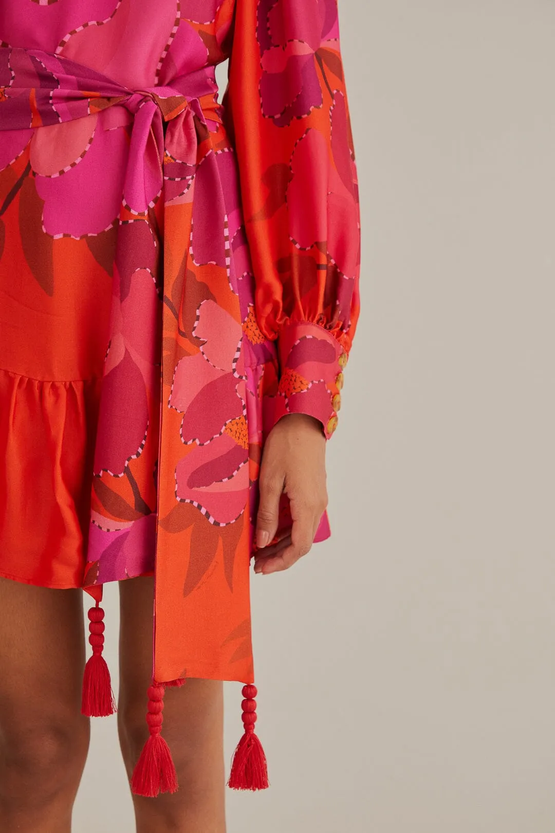 Red Peony Long Sleeve Mini Dress