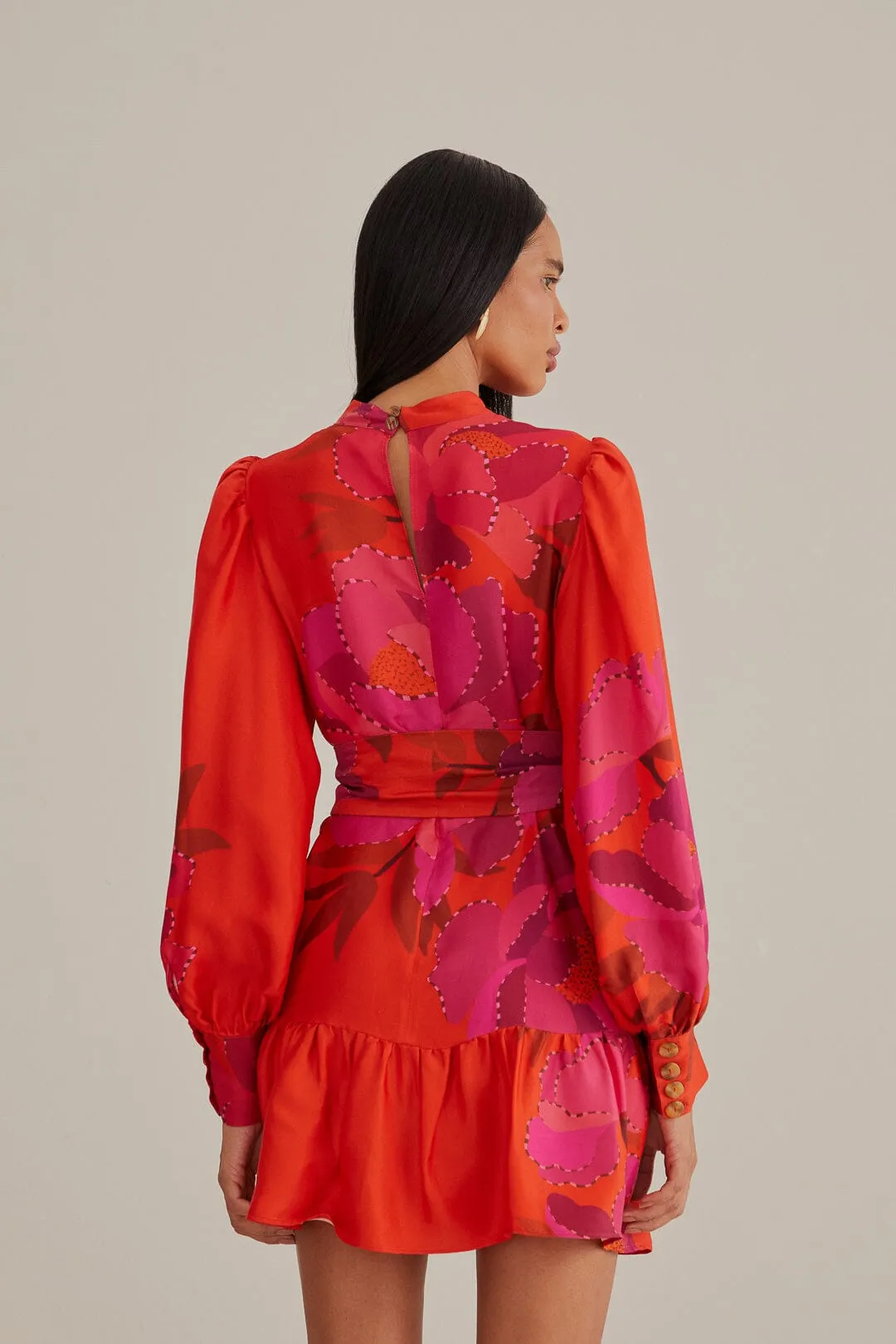 Red Peony Long Sleeve Mini Dress