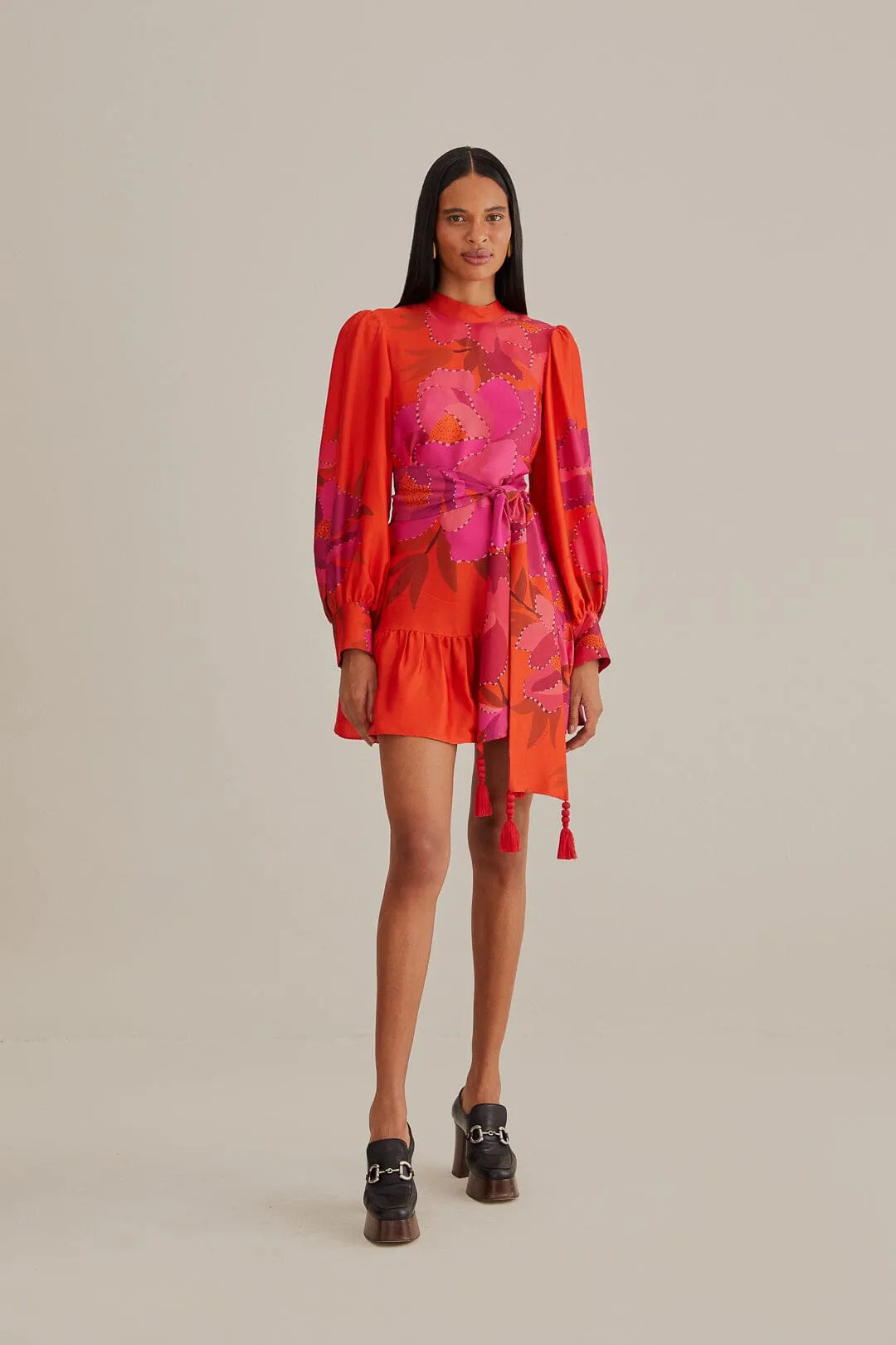 Red Peony Long Sleeve Mini Dress