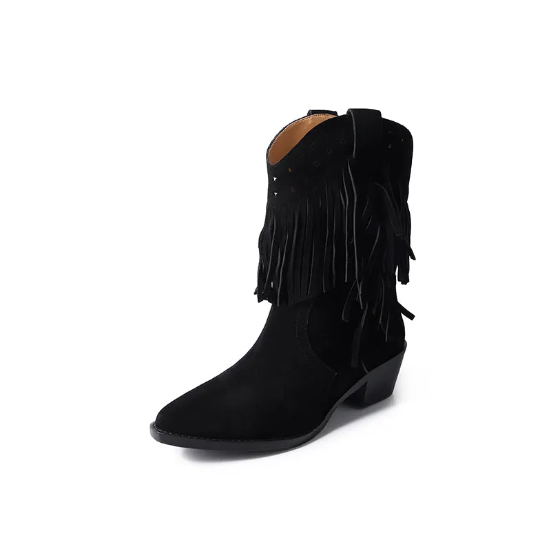 Western Point Toe Cowgirl Boots With Tassels Handmade Boots in Black/Brown/Coffee