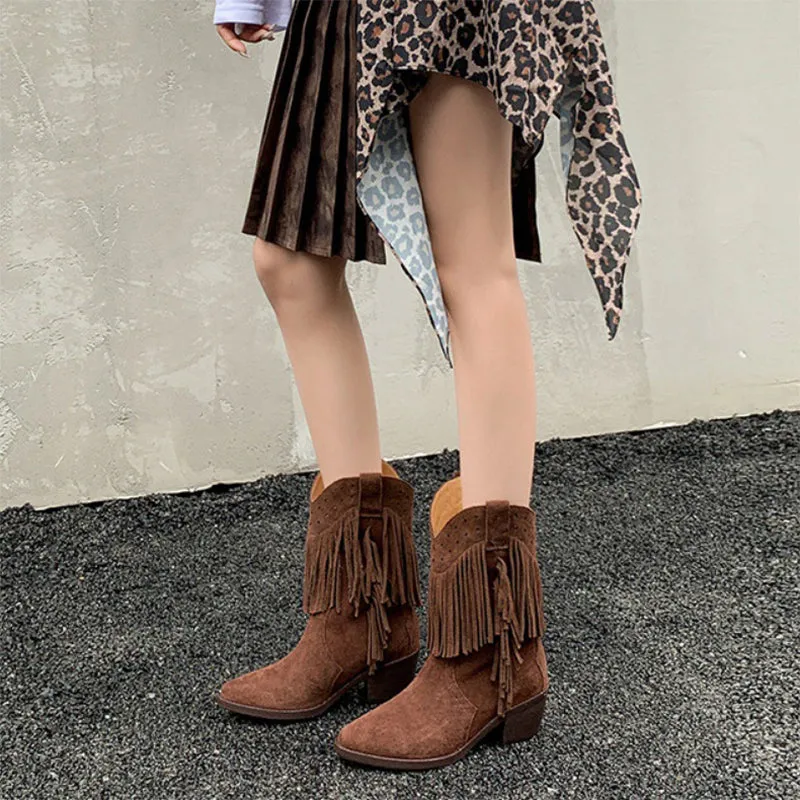 Western Point Toe Cowgirl Boots With Tassels Handmade Boots in Black/Brown/Coffee