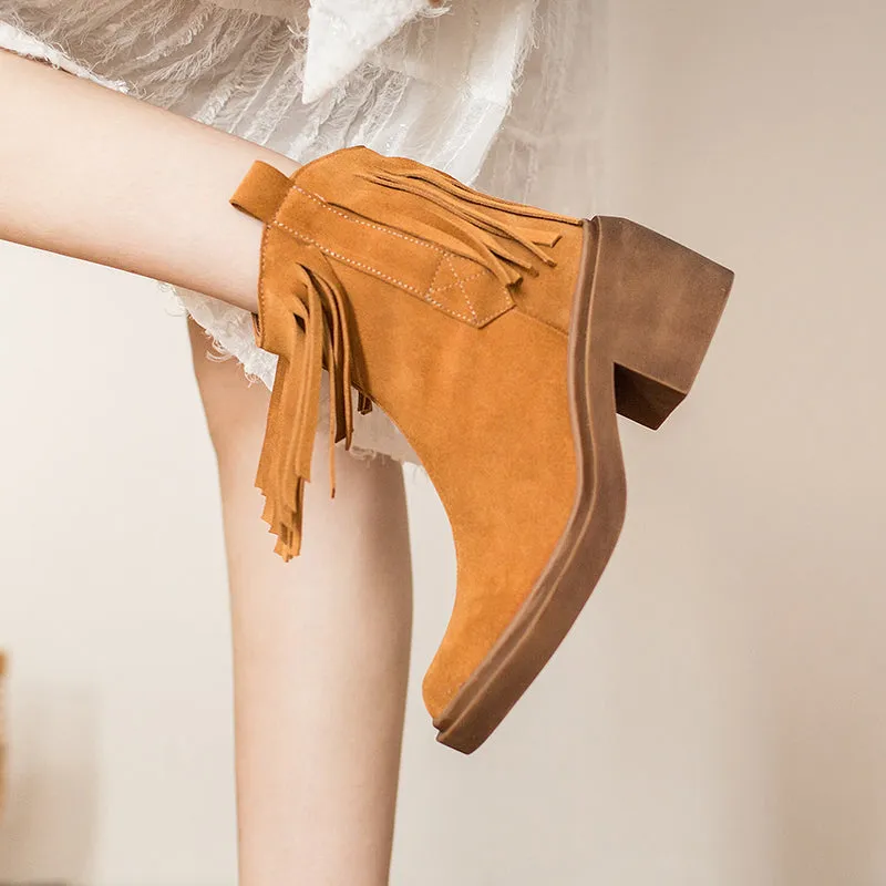 Western R Toe Cowgirl Boots With Tassels Handmade Suede Ankle Boots in Black/Brown