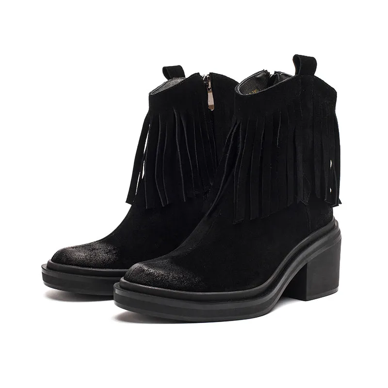 Western R Toe Cowgirl Boots With Tassels Handmade Suede Ankle Boots in Black/Brown