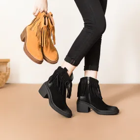 Western R Toe Cowgirl Boots With Tassels Handmade Suede Ankle Boots in Black/Brown