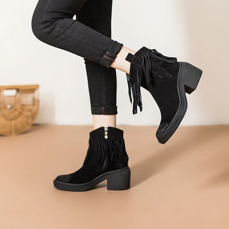 Western R Toe Cowgirl Boots With Tassels Handmade Suede Ankle Boots in Black/Brown