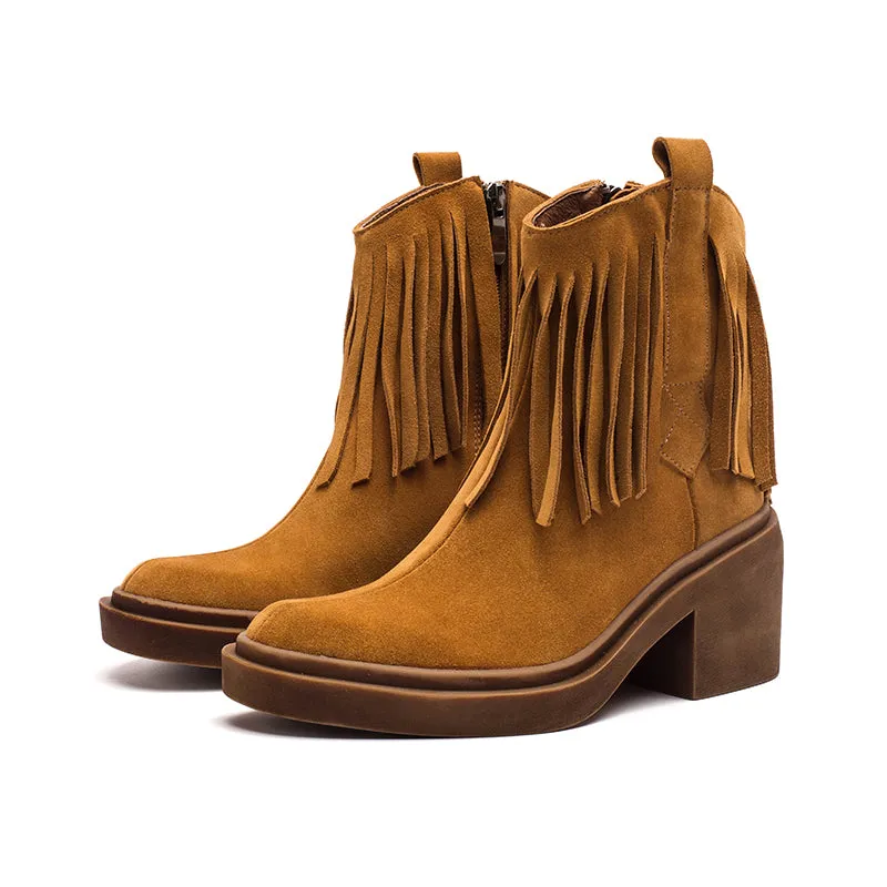 Western R Toe Cowgirl Boots With Tassels Handmade Suede Ankle Boots in Black/Brown